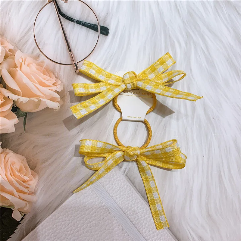 

1 Pair New Simple Colorful Lattice Fabric Bow Rubber Band Hair Rope Fashion Korean Sweet Girl Children Ponytail Hair Accessories