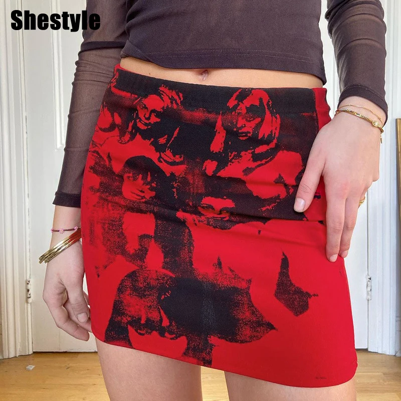 

Shestyle Women Mini Sheath Skirts Girl Face Print High Waist Elastic Sexy Punk New Arrivals Bodycon Clubwear 4 Color Skirt