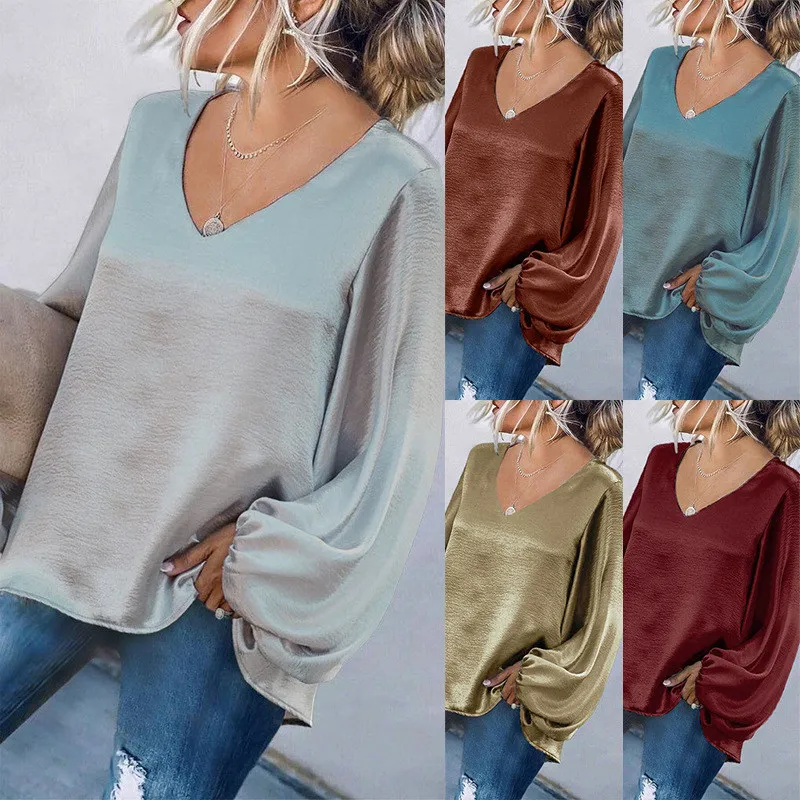 

Plus Size T-shirt For Women 2021 Summer New Fashion Long Sleeve Loose V-neck Solid Color Casual Top T-shirt Female LR1120