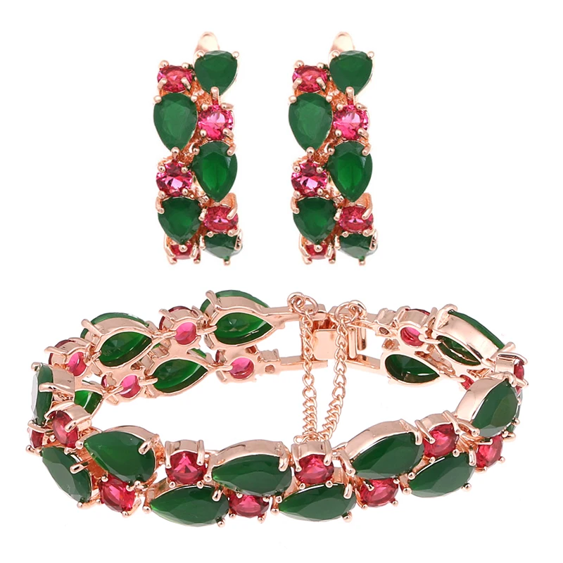 Набор женских ювелирных изделий из серег и браслета цвета розового золота|colorful