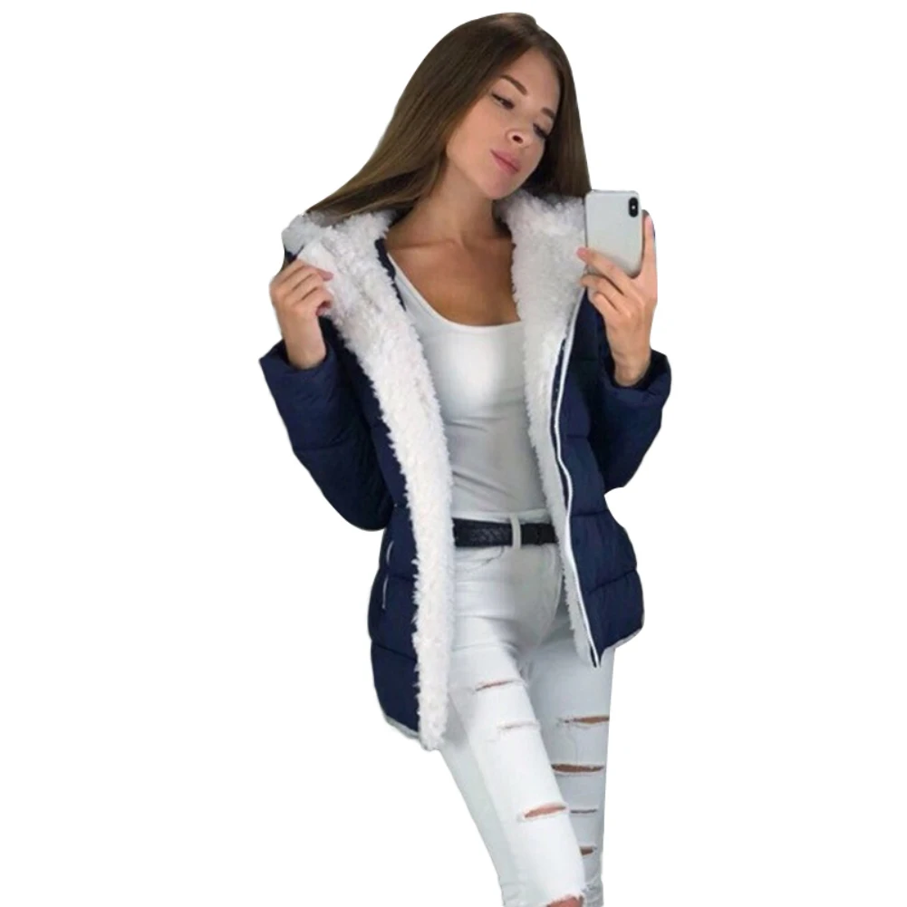 Зимнее женское пальто однотонная парка с длинным рукавом и капюшоном на молнии