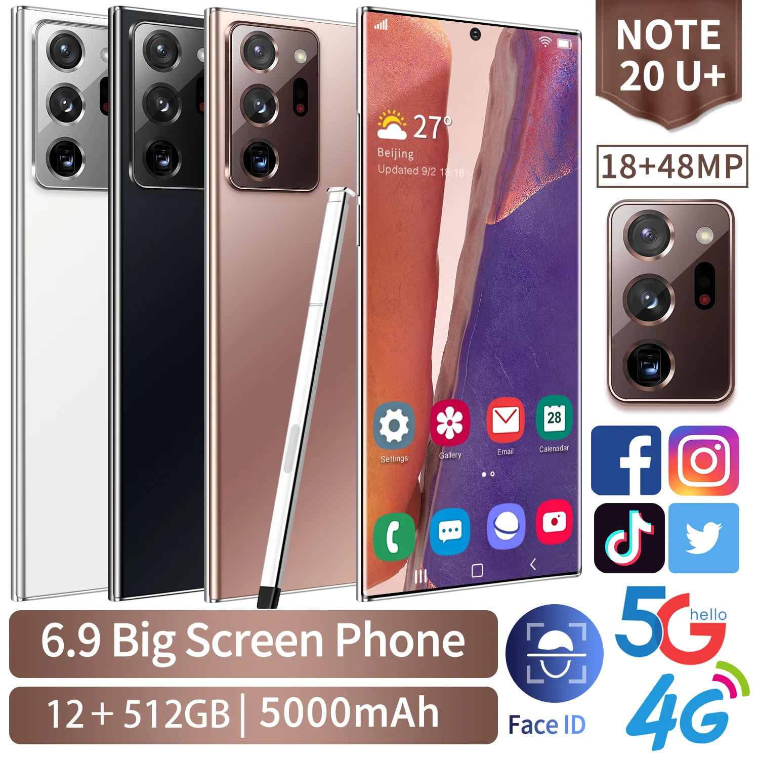 

New Galxy Note20U+ Smartphone 12GB 512GB 6.9Inch 5000mAh Android 10.0 Snapdragon 865 Mobilephone 4G5G Global Version Phones