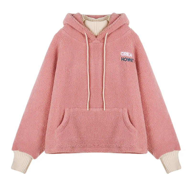 

2021 Long Sleeve Women Hooded Sweatshirt Artificial Wool Ladies Thick Hoodies Beige Blue Fashion Letter Kawaii Womens Tops Coats