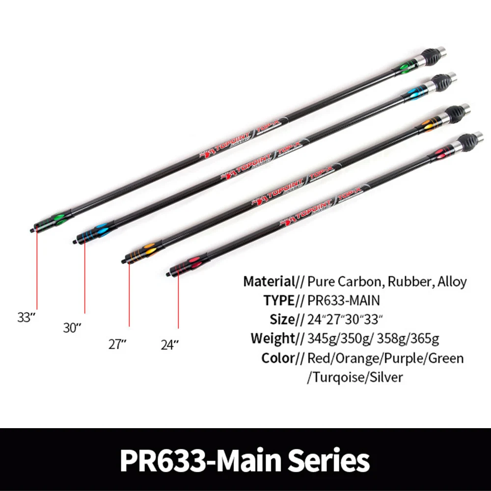 Topoint-barra principal PR633 para tiro con arco, estabilizador de fibra de carbono puro 3K, 24/27/30/33 pulgadas