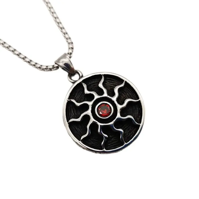 

New Red CZ stone Sun amulet pendant necklace men silver color 316L stainless steel sun amulet necklace fashion hip hop jewelry