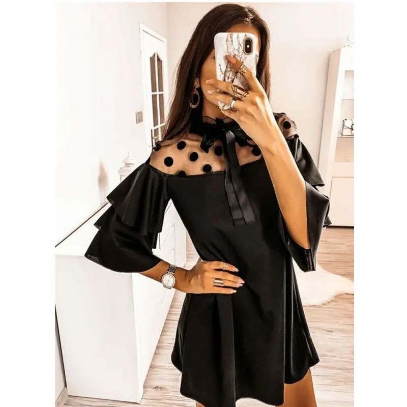 

Sexy V Neck Ruffle Mini Party Dresses Black Red Women Long Sleeve Chiffon Dress 2020 Spring Elegant Ladies Clothing