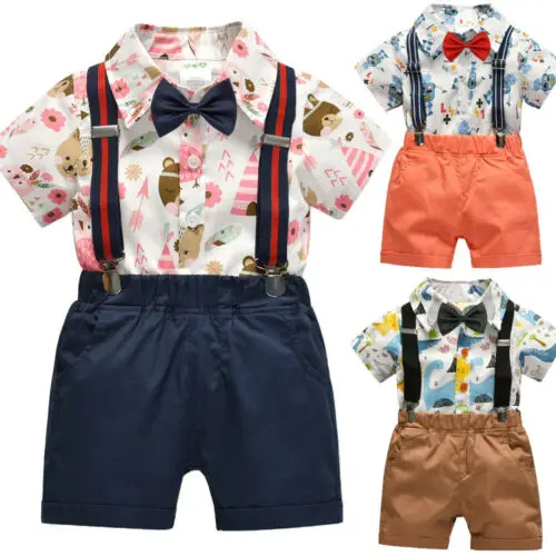 

2020 Summer Toddler Kid Baby Boy Gentleman T Shirt Tops Bib Pants Shorts Overalls Outfit Dinosaur Gentle Fashion Set