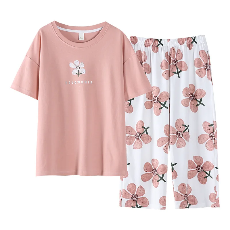 

Summer pajamas ladies pure cotton short-sleeved thin section sweet and cute home clothes can be worn outside cropped pants suit