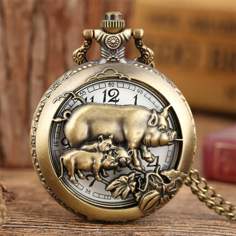 

Vintage Chinese Zodiac Boar Design Half Hunter Pendant Clock Quartz Pocket Watch Bronze Fob Chain Gifts Men Women