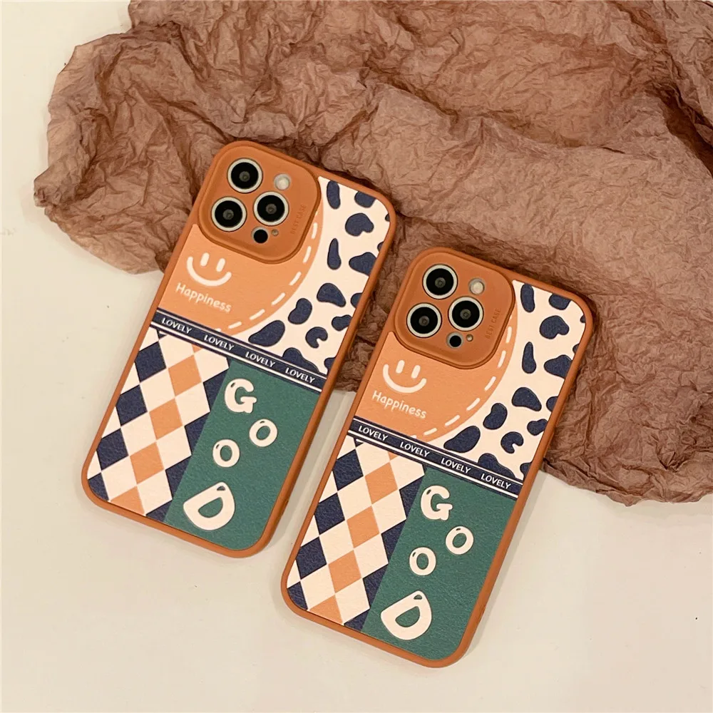 

INS Splicing Wave Point Cartoon Smile Face Soft Frame Phone Case For iPhone 13 12 11 PRO MAX XS X XR Camera Protective Cover