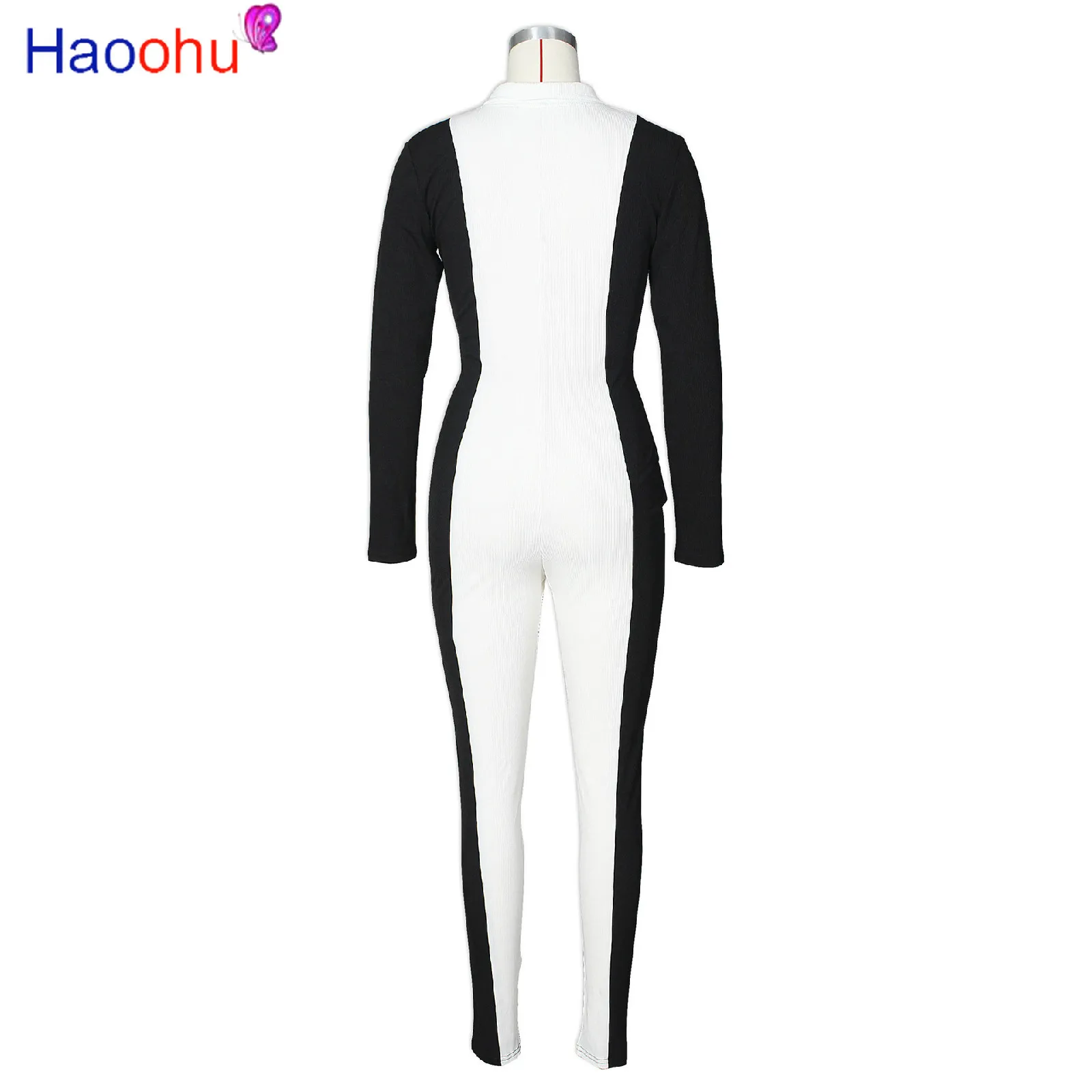 

Elastic Hight Ribbed Skinny Bodycon Jumpsuit Turn Down Collar Long Sleeve Fitness Bodysuit Autumn Zipper Up Sportswear Overalls
