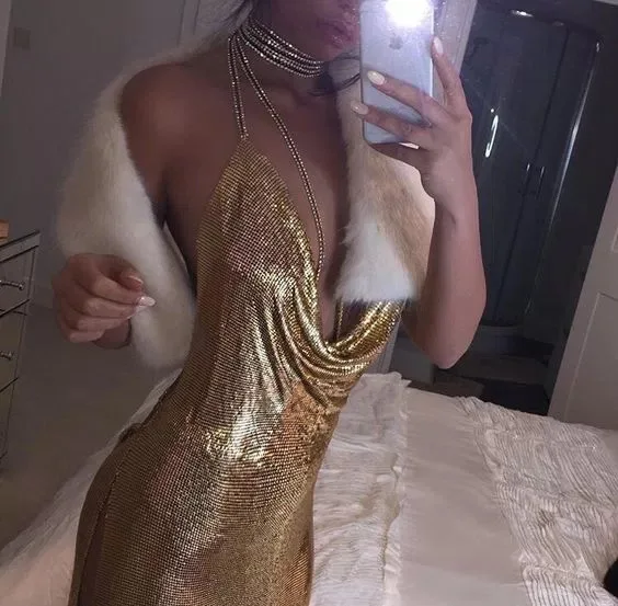 Club Women Party Dress Kendall Jenner Metal Mesh Spaghetti Sheath Draped Hollow Out Spark Diamond Neck Halter Sequin Dresses | Женская