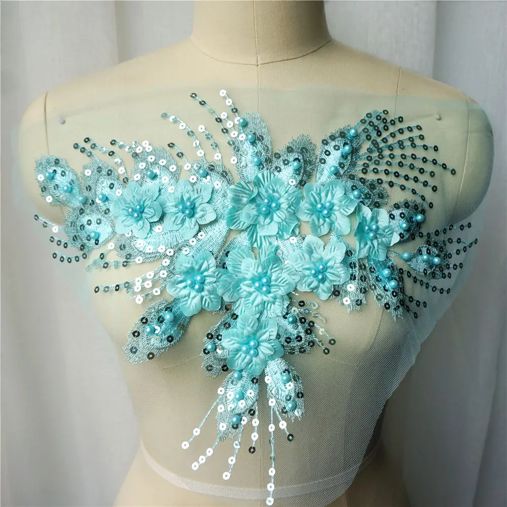 Teal Blue Sequin Tassel 3D Flower Rose Beads Lace Fabric Embroidered Gown Appliques Collar Mesh Sew Patch For Wedding Decoration | Дом и сад