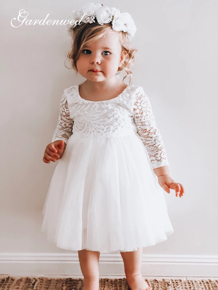 Cute Ivory Lace Flower Girl Dresses O-Neck Long Sleeves First Communion Illusion Back Short Tulle Baby Party Dress | Свадьбы и