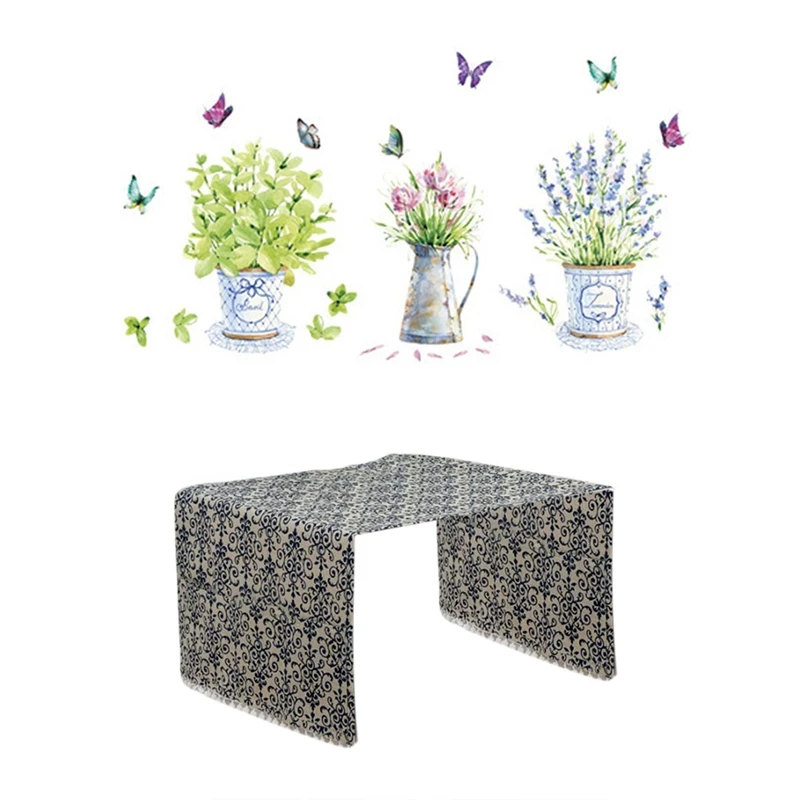 

1 Pcs Flower Potted Butterfly Wall Sticker Window Glass Decals & 1 Pcs Blue and White Porcelain Refrigerator Dust Cover
