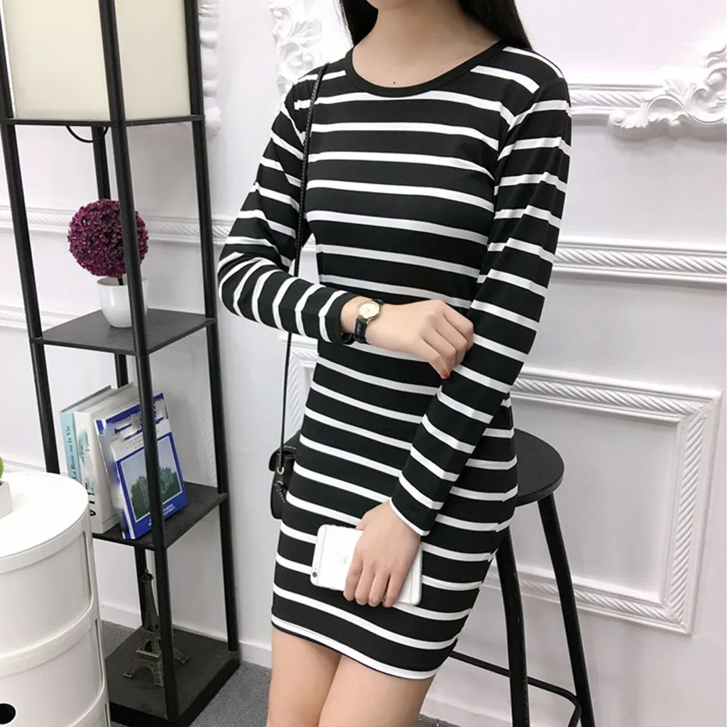 Женское осеннее модное корейское платье в полоску длиной до колена с длинным