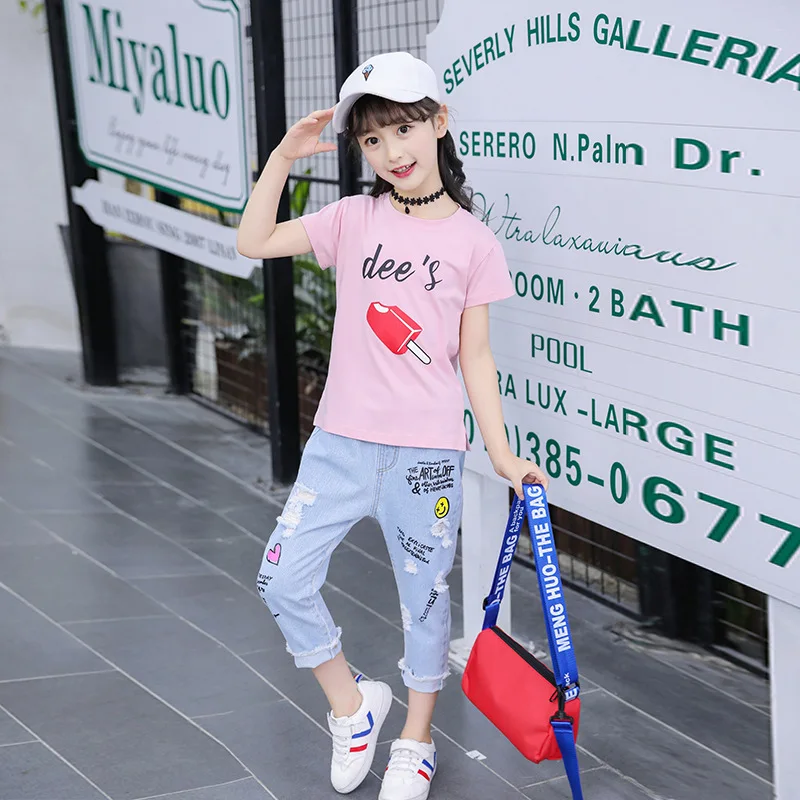 

Kids girls 2pcs summer suits ice cream printed short-sleeved T-shirt + jeans new big virgin suit 4-12 years old