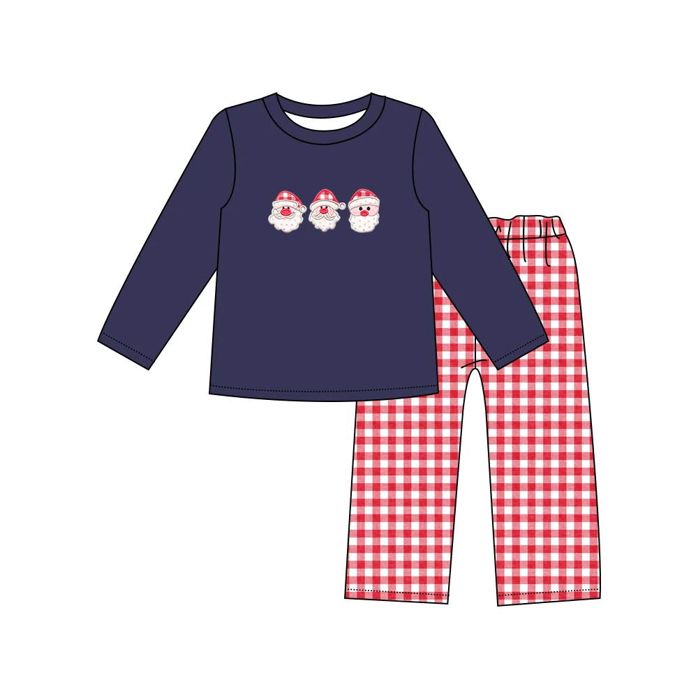 Ropa de oto&ntilde;o para ni&ntilde;as, falda de manga larga azul marino y pantalones rojos, Navidad, patrones bordados con tres cabezas de ancianos, trajes para ni&ntilde;as-1