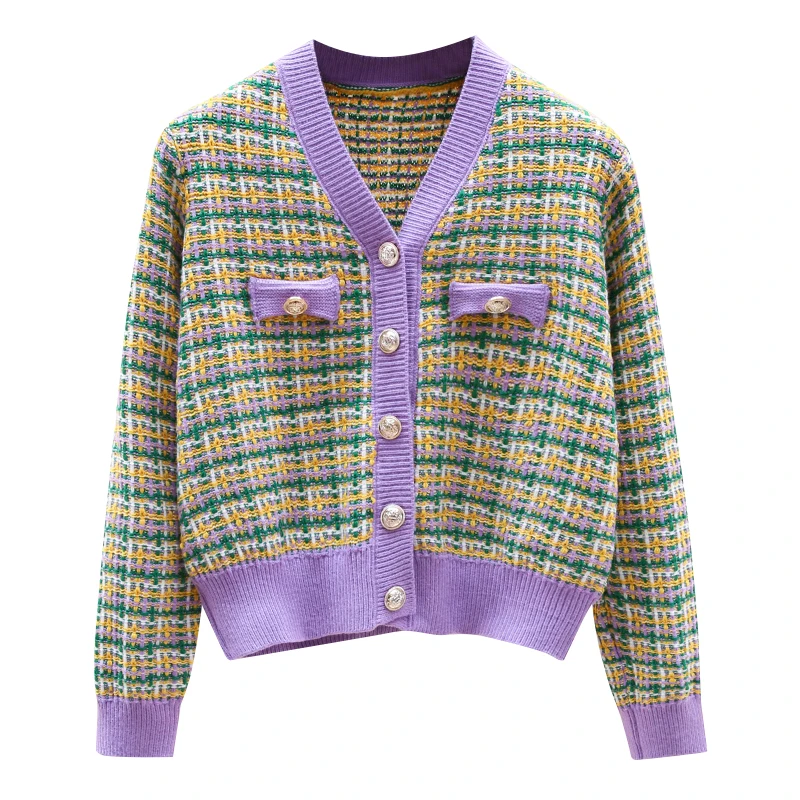 

Suter a cuadros con cuello en V para mujer, crdigans tejidos de manga larga, crdigans de una sola botonadura, Tops cortos