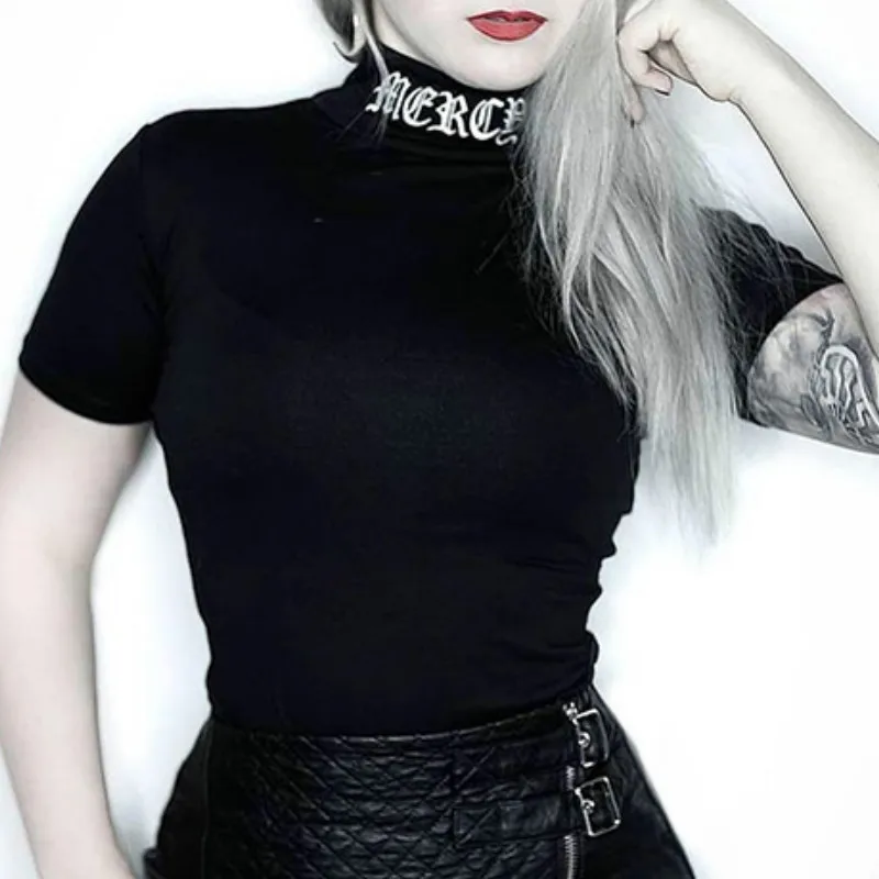

Summer Victorian Renaissance Harajuku Gothic Dark Angel Girl T-Shirt Punk Bad Girl Turtleneck Embroidery Vintage Women T-shirt