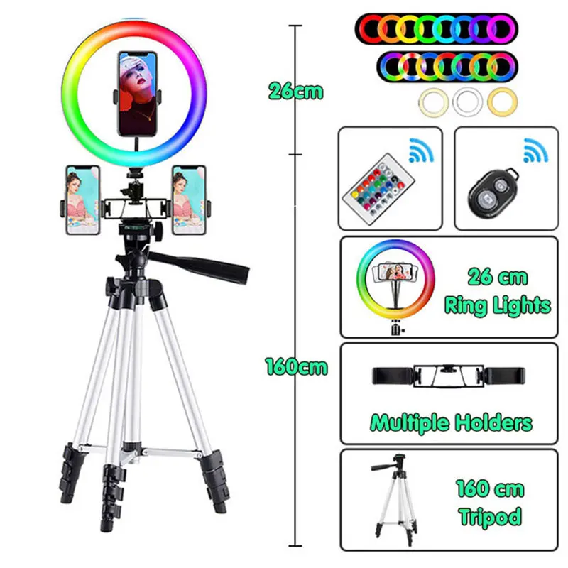 26cm Photo RGB Ringlight Led Selfie Ring Light Phone Bluetooth Remote Lamp Photography Lighting Tripod Holder Youtube Video