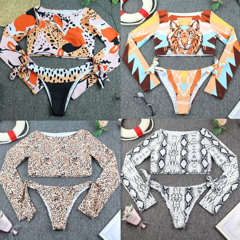 

Surfing Swimsuit For Women 2021 Bikini Long Sleeve Swimwear Tiger Print Push Up Summer Bath Suit Two Piece