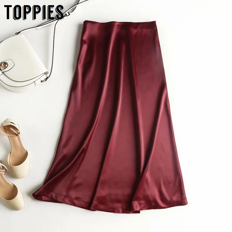 Бордовые шелковые юбки женские миди с высокой талией 2020 летние элегантные