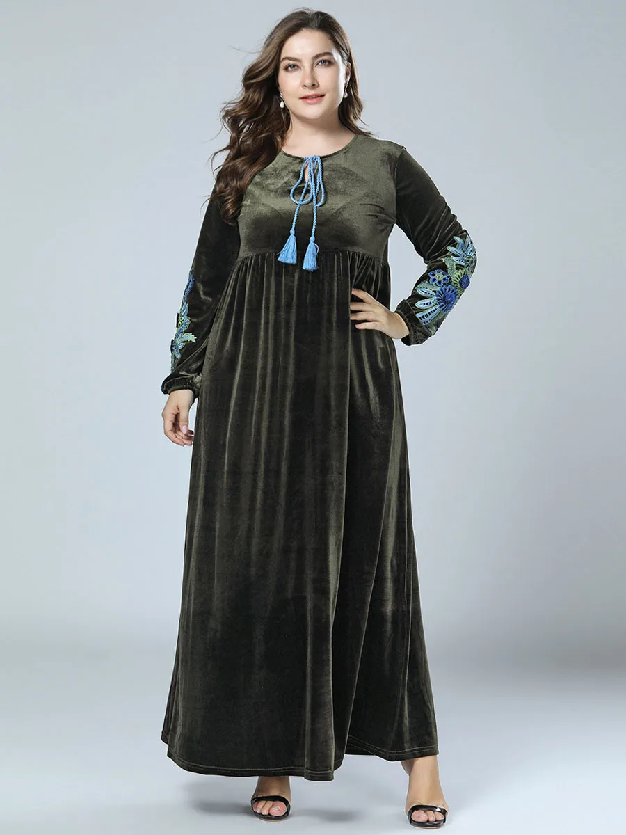 Женское бархатное платье с вышивкой Abaya зеленое платье-кафтан в мусульманском