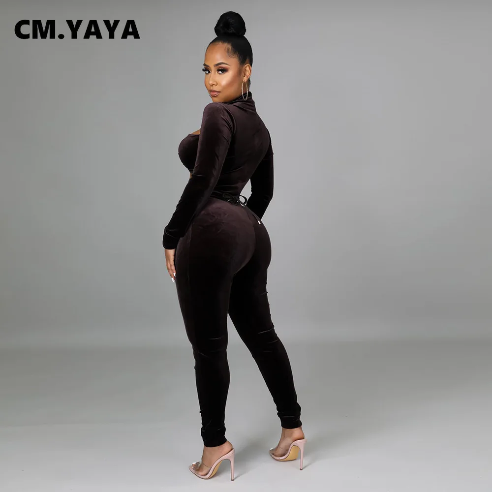 Женский бархатный Облегающий комбинезон CM.YAYA с вырезами и кружевом длинным