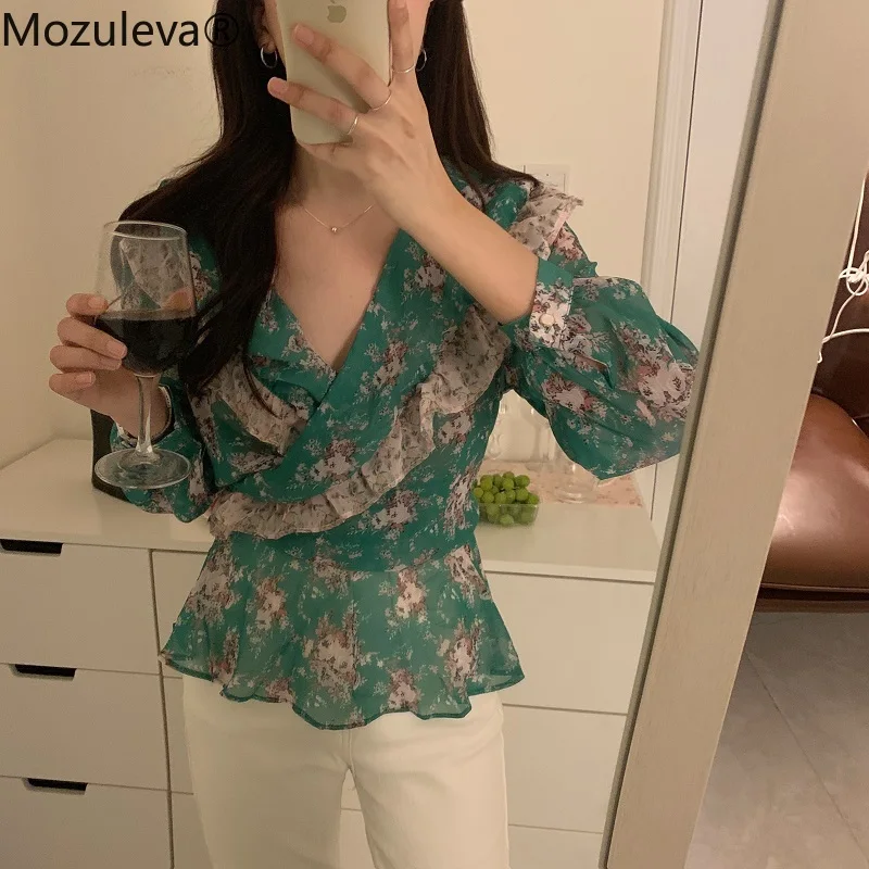 Женская шифоновая блузка с V-образным вырезом цветочным принтом | одежда