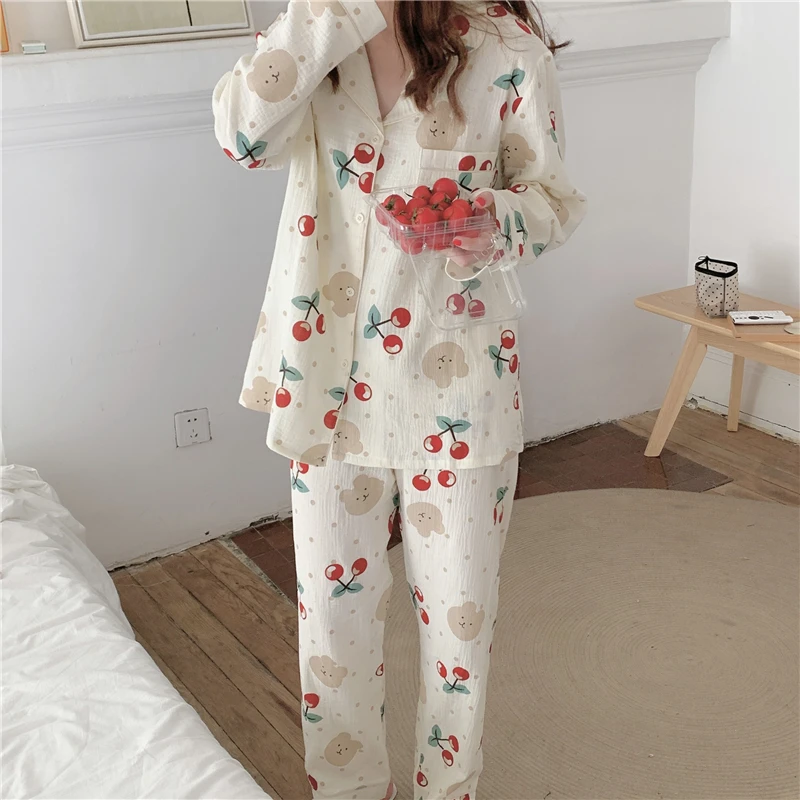 

cherry print pyjamas bear cartoon autumn winter sleepwear suit women cotton gauze pajama set homewear pants breathable soft L807