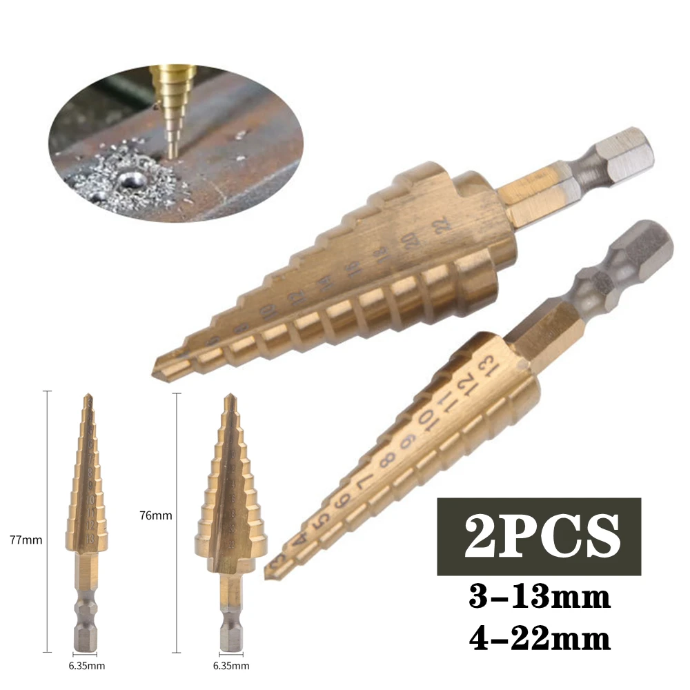

2pcs HSS Titanium Coated Step Drill Bit For Metal Cone 3-13 4-22 Drilling Tools Metal Drills Wood Cutters Hole Metal Drill bits