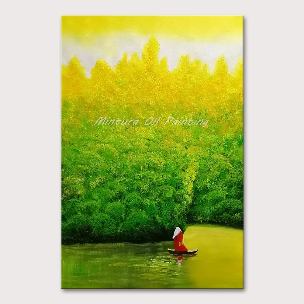 

Mintura Hand Painted Oil Paintings on Canvas Wall Picture For Living Room Thick Bamboo Forests and Rowers Hotel Decor No Framed