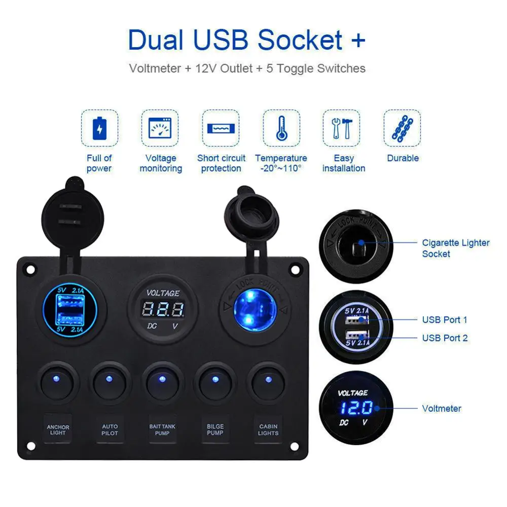 

5 Gang Car Marine Boat LED Rocker Switch Panel Waterproof Circuit Digital Voltmeter Dual USB Port 12V Outlet for BMW E46 Audi A4