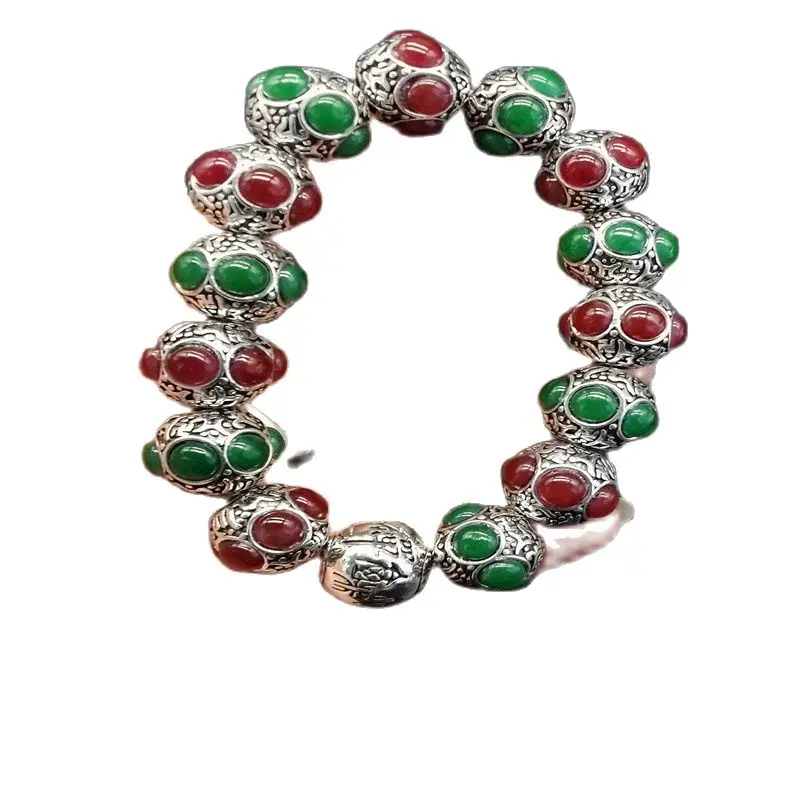 

Chinese Old Tibet Silver Carving Inlaid With Red Jade Beads In Tibetan Silver Bracelet