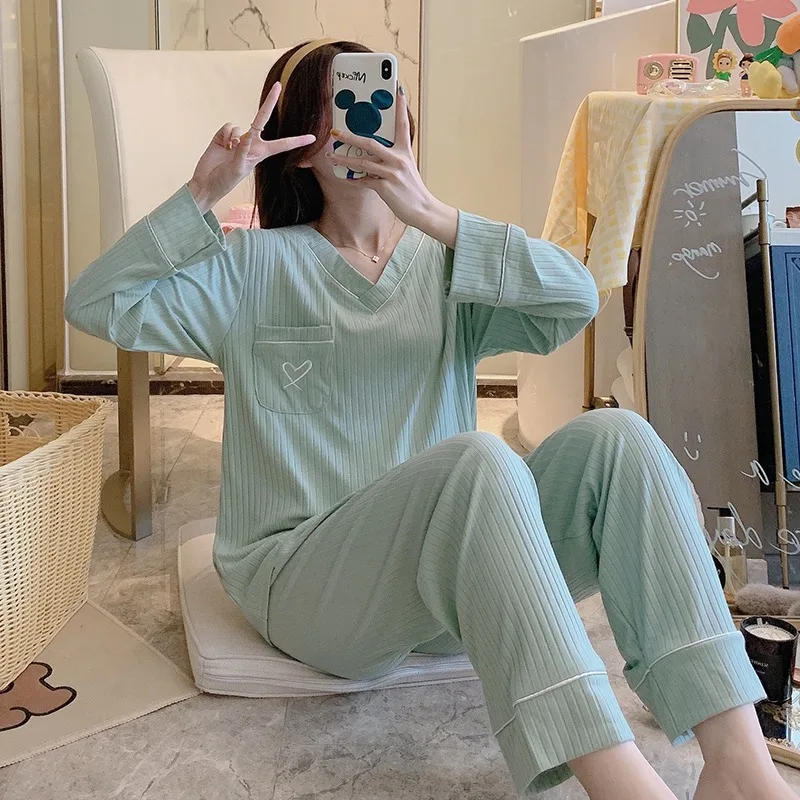 2020 осень-зима 100% хлопок! Футболка с длинным рукавом и v-образным вырезом пижамные