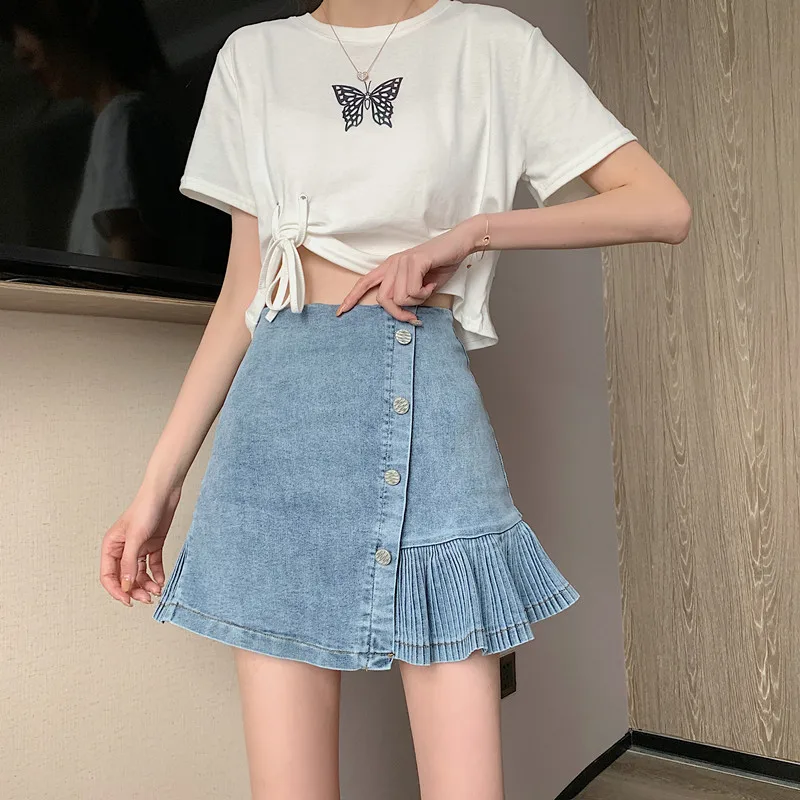 Women's A-line Skirt Female New Wrinkled Denim Casual Design Korean Fashion High Waist Bag Hip Short Retro Chic Mini Skirts