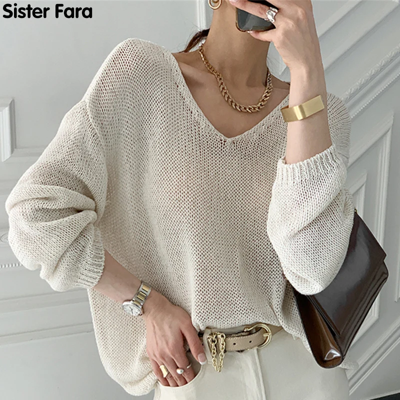 Sister Fara New Spring 2021 V-Neck Knitted Sweater Women Oversize Pullovers Cutout Jumpers Female Solid All-Match Tops | Женская одежда
