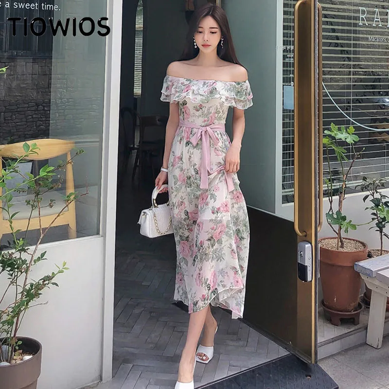 

TIOWIOS 2021 New Woman Summer Dress Temperament Fresh Ruffle Line Neck Lace Up Waist Chiffon Printed Dress