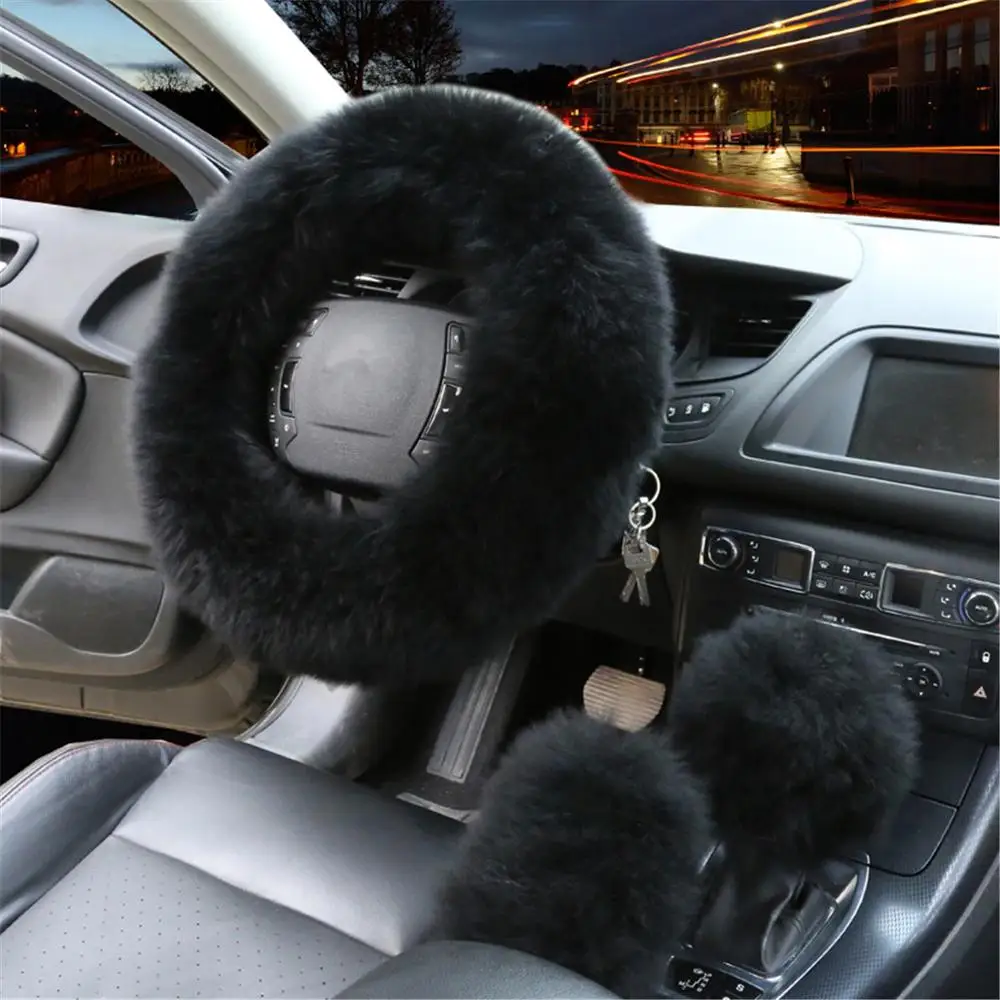 

Universal Soft Warm Steering Wheel Cover with Long Wool Fuzzy Woolen Handbrake Car Accessory Sheep Fur Plush Protector Cover Kit