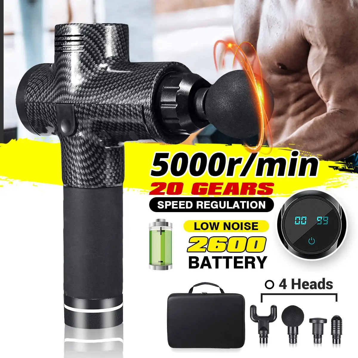 

Массажный пистолет терапевтический с 4 головками и ЖК-дисплеем, 5000 об/мин