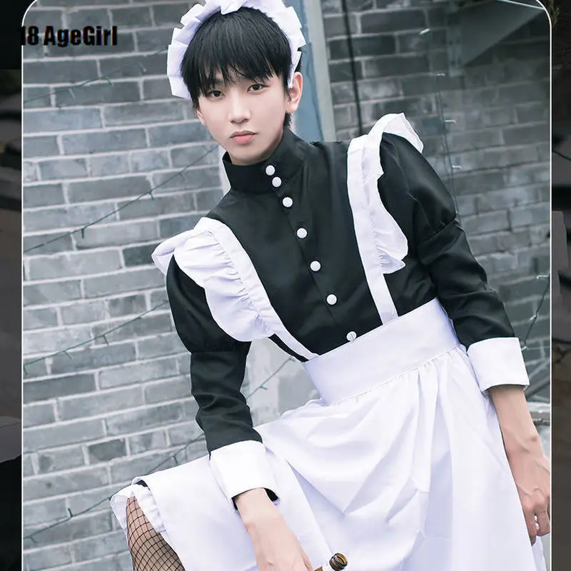 

2021 Men Cosplay Costume Maid Dress Apron Cafe Servnat Lolita Retro Bowknot Long Sleeve Bow Bodydoll Dress Clothing Goth Lolita
