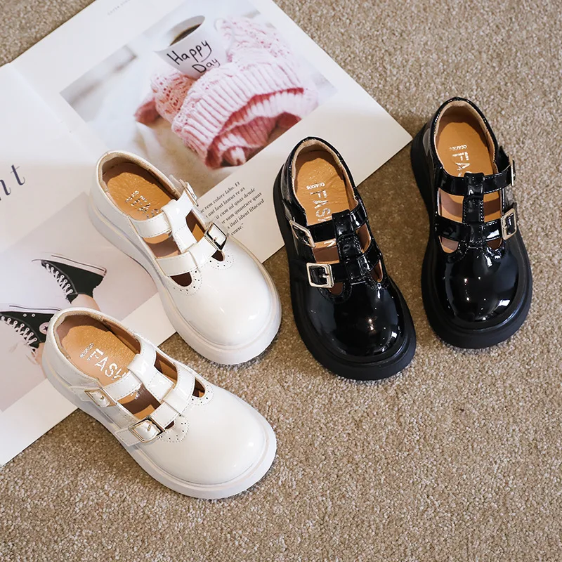 

Kids Black Leather Shoes New British Style Girls Princess Single Shoes Rhinestone Autumn 2021 Hollow Breathable Fashion Flats