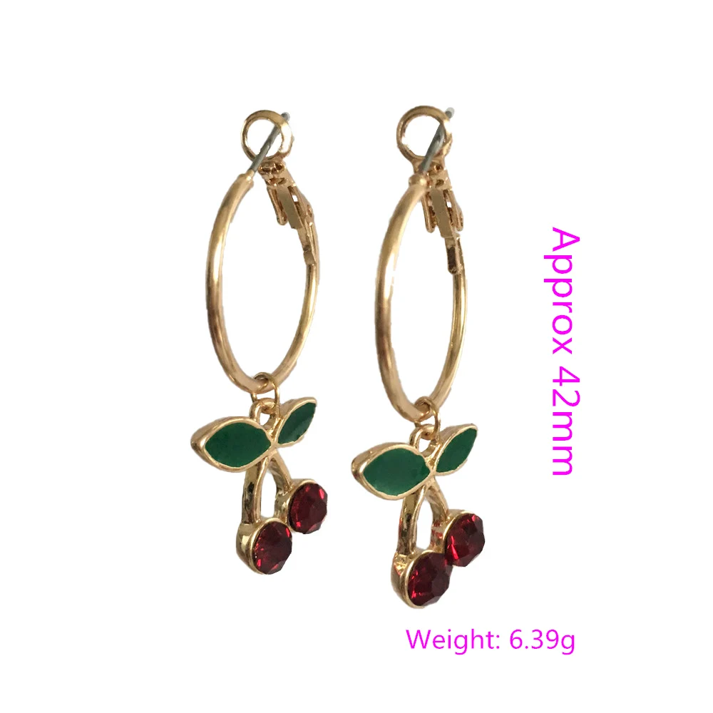 

Cute Little Fresh Love Cherry Earrings Green leaf/ Dark red stone fruit/ gold hoop earrings Pendientes Jewelry Gifts