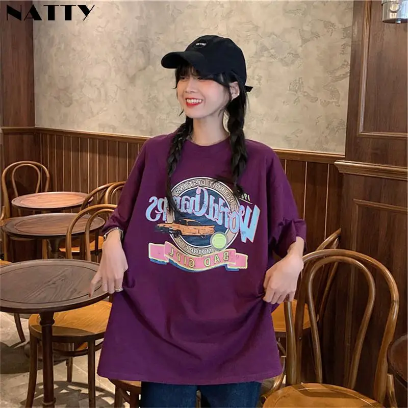 

Women Tops White Purple Hand-painted Print Casual Short Sleeve Vogue T-shirt Femme Loose Top O Neck Tshirt 2021 Summer