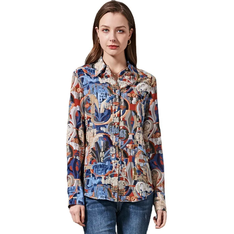

Women Printed Blouse 100% Silk Crepe Long Sleeved Turn Down Collar Blouses OFFICE Lady SHIRT 2021 Spring
