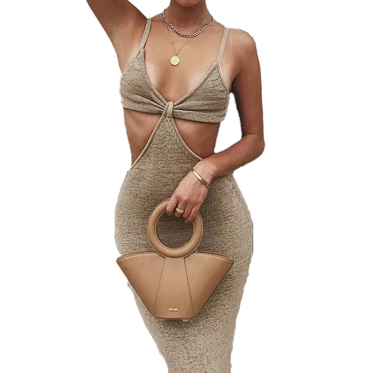 

Summer 2021 Dresses Vacation Knitted Maxi for Women Elegant Sexy Party Cut Out Backless Bodycon Dress Sleeveless Hollow At Waist