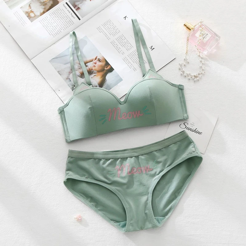 Roseheart Женские Модные Зеленые Сексуальные комплекты нижнего белья беспроводные хлопковые трусики мягкие бюстгальтеры пуш-ап комплекты бюстгальтеров нижнее белье A B Kitty прекрасный