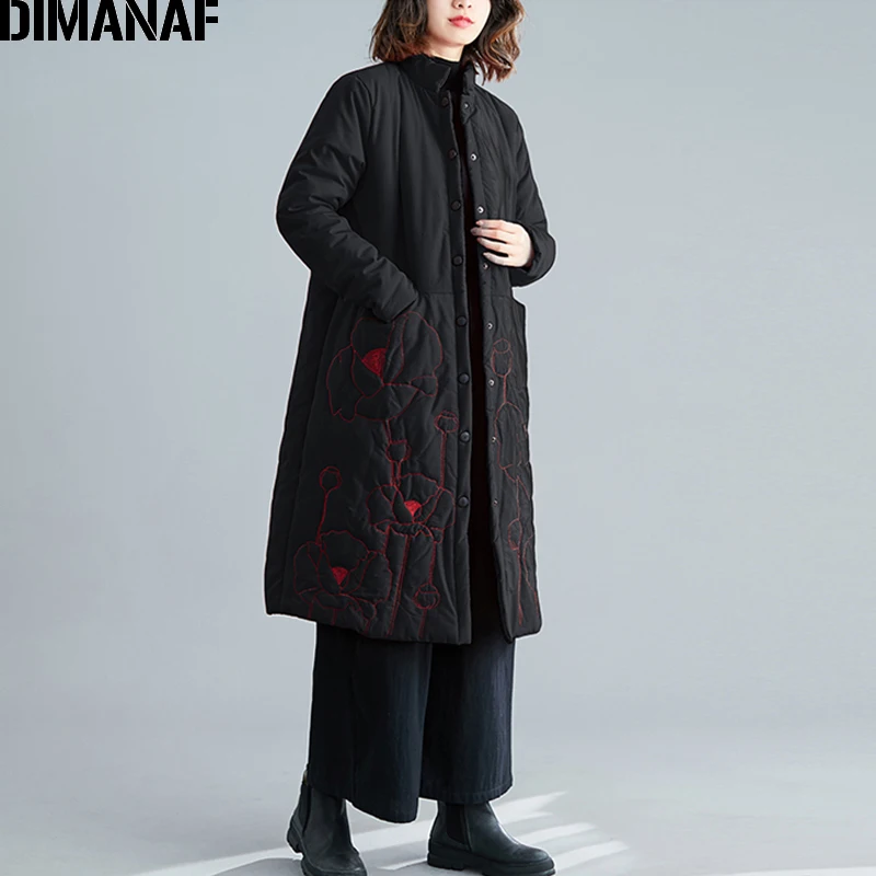 188XXJ6040-hei DIMANAF осень зима плюс размер женские парки длинное пальто хлопок подкладка утолщаются Женские винтажные вышитые свободные верхняя одежда пуговица - Цвет: 188XXJ6040-hei