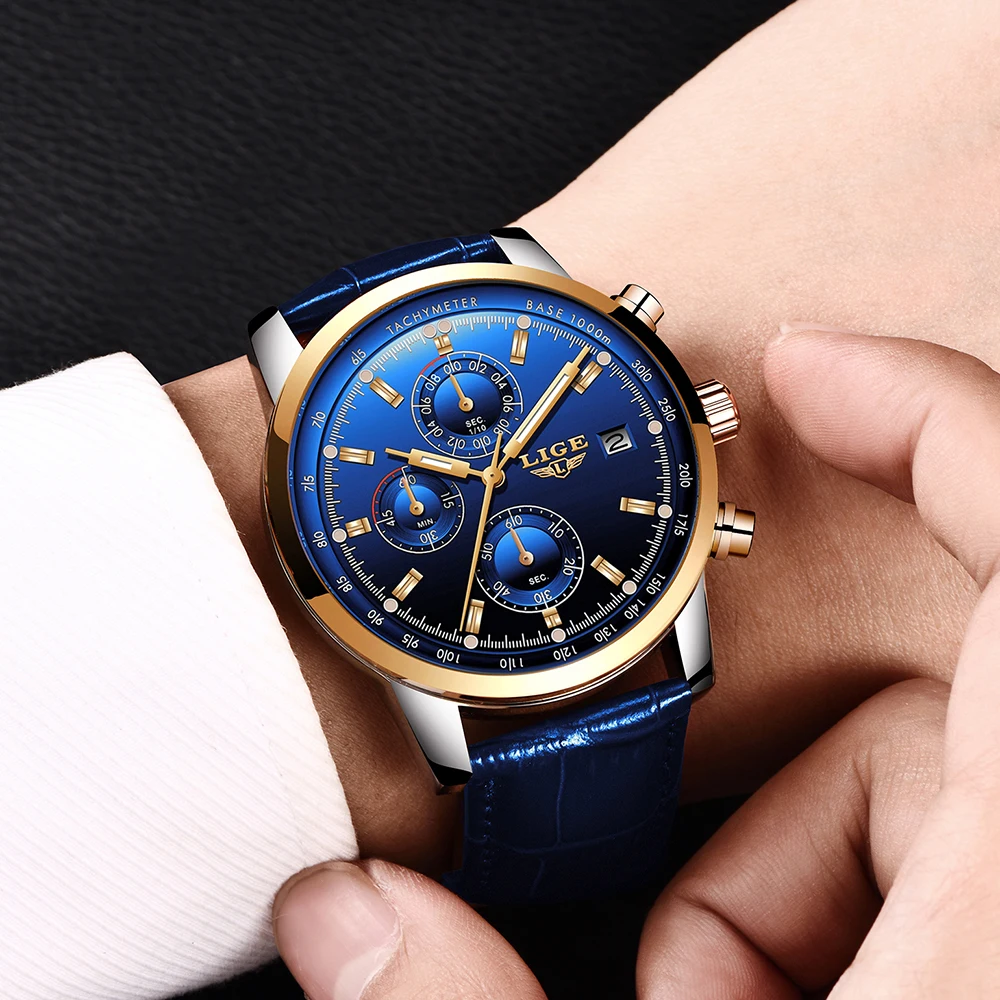 Часы наручные LIGE Мужские кварцевые модные спортивные брендовые Роскошные